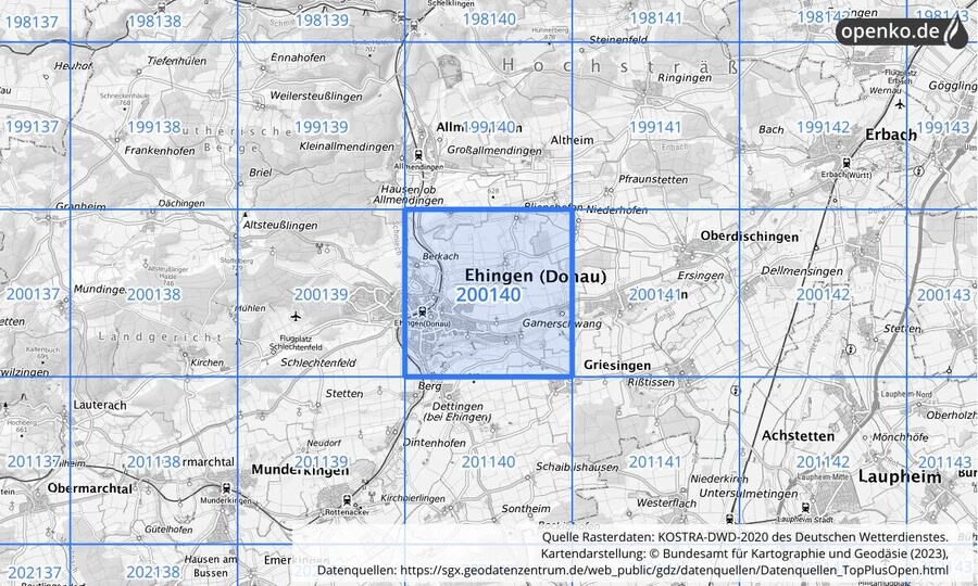 Übersichtskarte des KOSTRA-DWD-2020-Rasterfeldes Nr. 200140