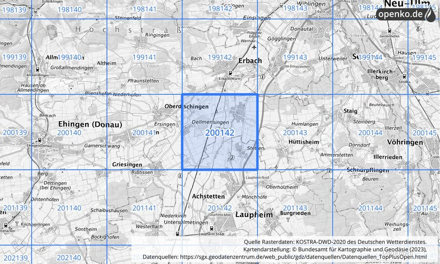 Übersichtskarte des KOSTRA-DWD-2020-Rasterfeldes Nr. 200142