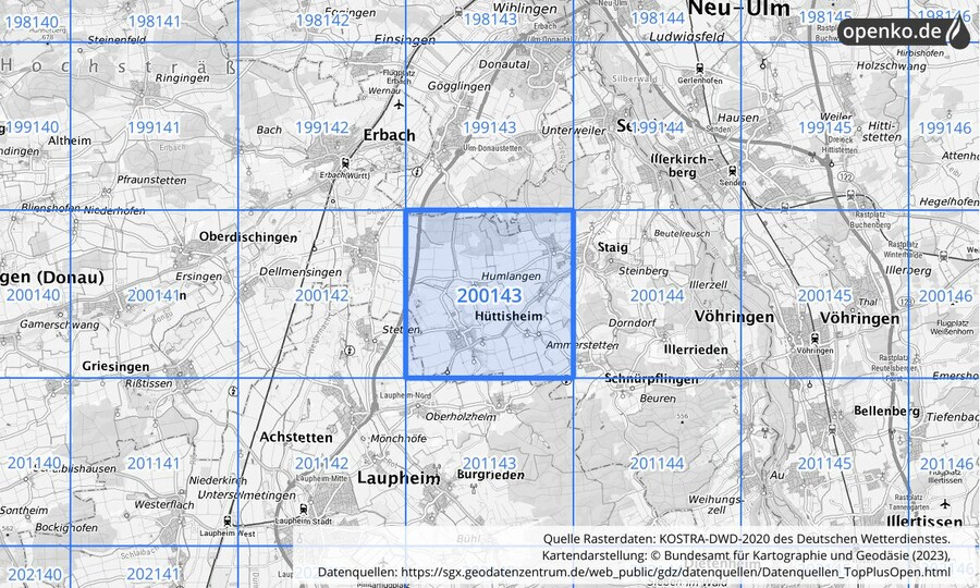 Übersichtskarte des KOSTRA-DWD-2020-Rasterfeldes Nr. 200143