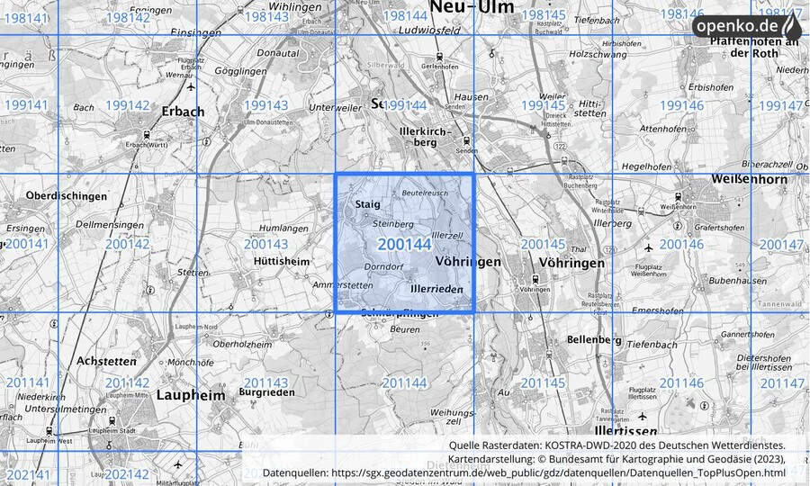 Übersichtskarte des KOSTRA-DWD-2020-Rasterfeldes Nr. 200144