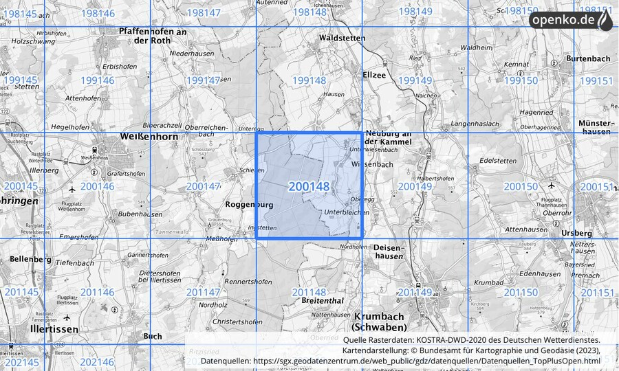 Übersichtskarte des KOSTRA-DWD-2020-Rasterfeldes Nr. 200148