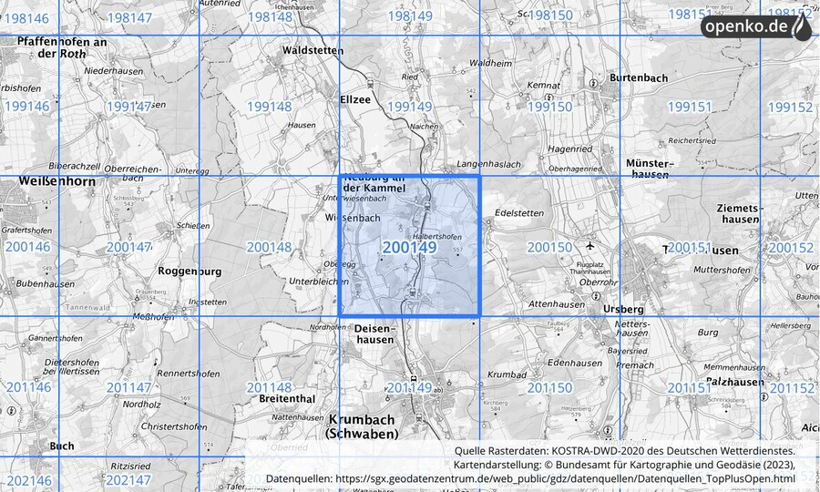 Übersichtskarte des KOSTRA-DWD-2020-Rasterfeldes Nr. 200149