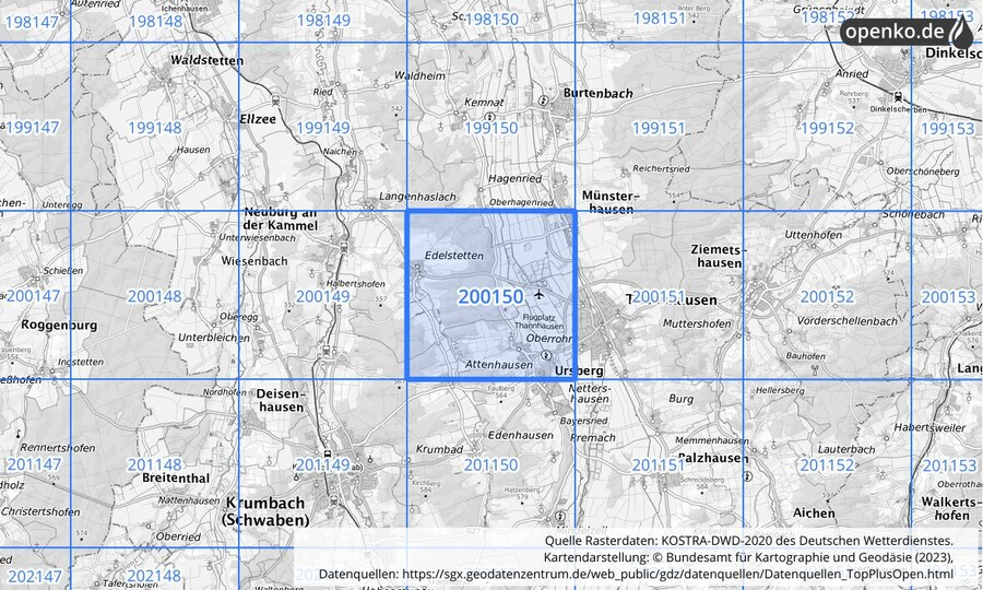 Übersichtskarte des KOSTRA-DWD-2020-Rasterfeldes Nr. 200150