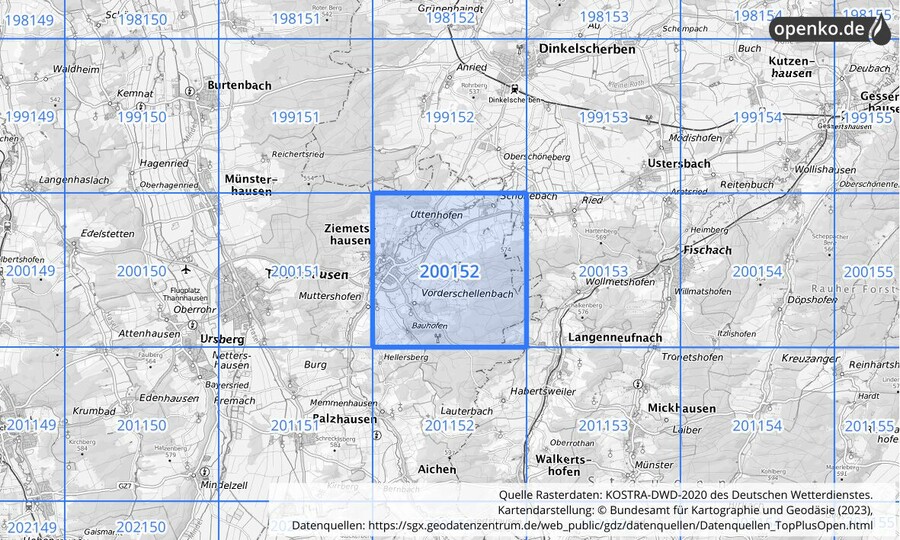 Übersichtskarte des KOSTRA-DWD-2020-Rasterfeldes Nr. 200152