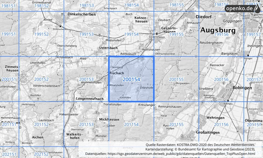 Übersichtskarte des KOSTRA-DWD-2020-Rasterfeldes Nr. 200154