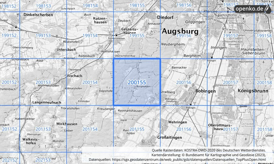 Übersichtskarte des KOSTRA-DWD-2020-Rasterfeldes Nr. 200155