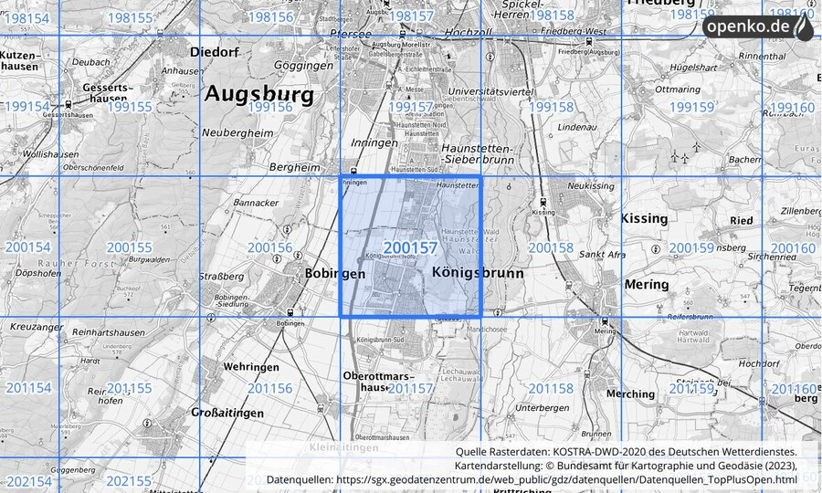 Übersichtskarte des KOSTRA-DWD-2020-Rasterfeldes Nr. 200157