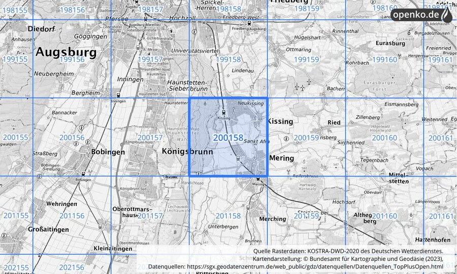 Übersichtskarte des KOSTRA-DWD-2020-Rasterfeldes Nr. 200158