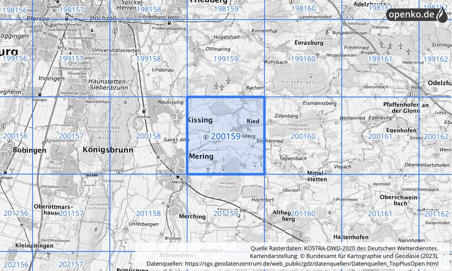 Übersichtskarte des KOSTRA-DWD-2020-Rasterfeldes Nr. 200159