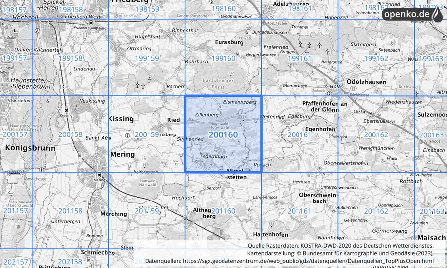 Übersichtskarte des KOSTRA-DWD-2020-Rasterfeldes Nr. 200160