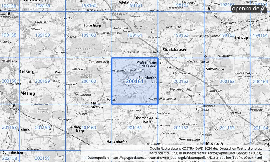 Übersichtskarte des KOSTRA-DWD-2020-Rasterfeldes Nr. 200161