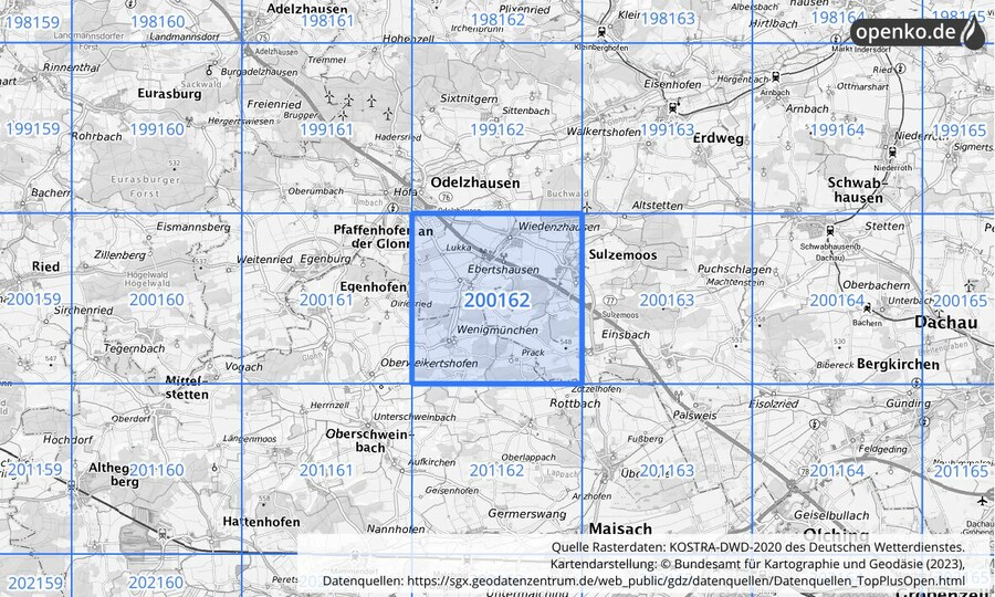 Übersichtskarte des KOSTRA-DWD-2020-Rasterfeldes Nr. 200162