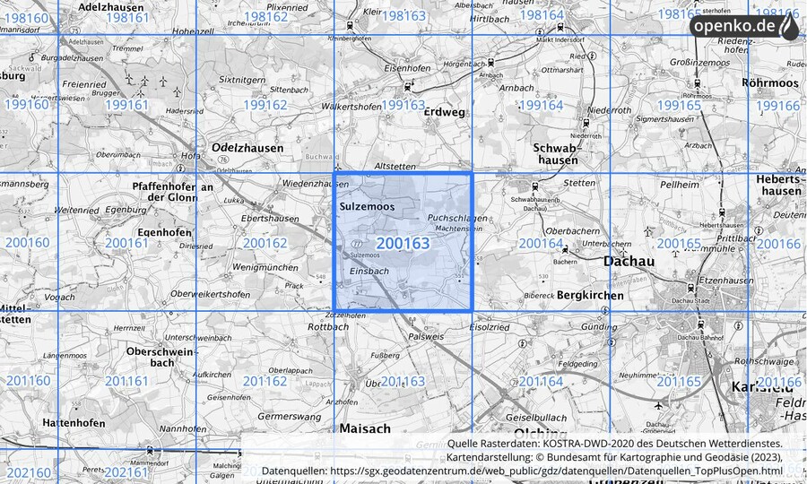 Übersichtskarte des KOSTRA-DWD-2020-Rasterfeldes Nr. 200163