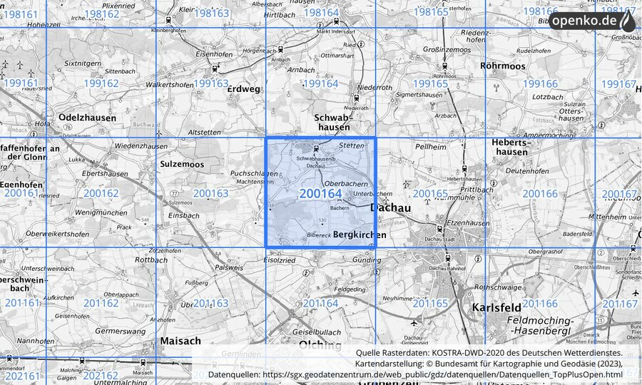 Übersichtskarte des KOSTRA-DWD-2020-Rasterfeldes Nr. 200164