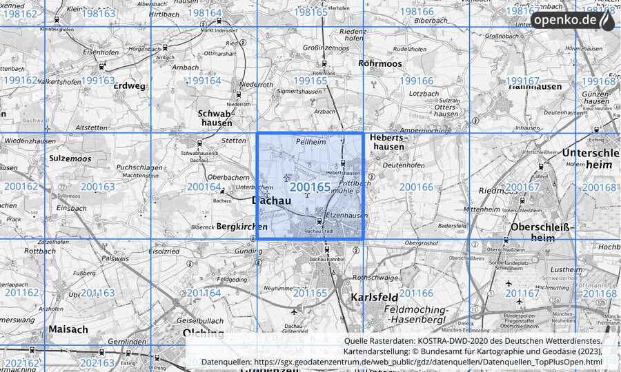 Übersichtskarte des KOSTRA-DWD-2020-Rasterfeldes Nr. 200165