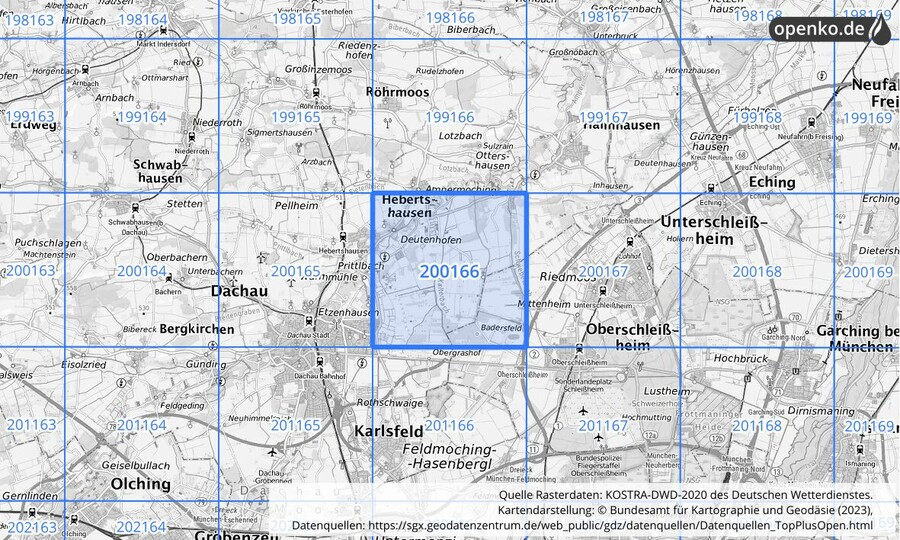 Übersichtskarte des KOSTRA-DWD-2020-Rasterfeldes Nr. 200166