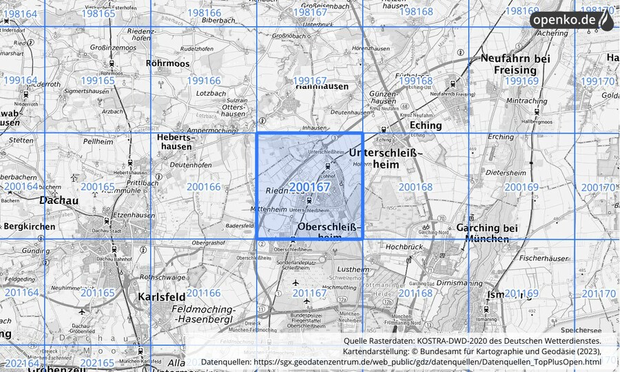 Übersichtskarte des KOSTRA-DWD-2020-Rasterfeldes Nr. 200167