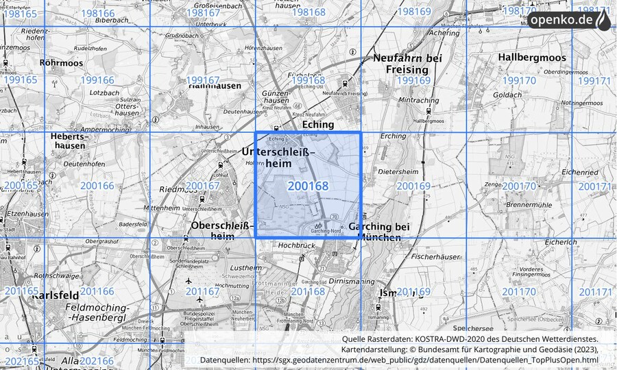 Übersichtskarte des KOSTRA-DWD-2020-Rasterfeldes Nr. 200168