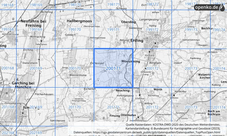 Übersichtskarte des KOSTRA-DWD-2020-Rasterfeldes Nr. 200171