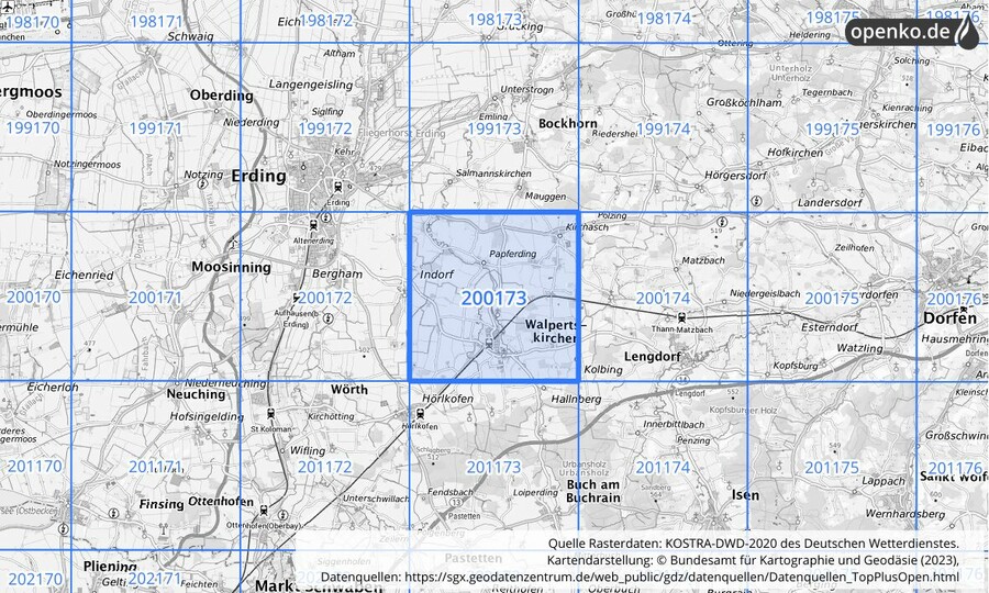 Übersichtskarte des KOSTRA-DWD-2020-Rasterfeldes Nr. 200173