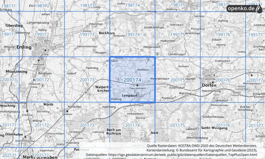 Übersichtskarte des KOSTRA-DWD-2020-Rasterfeldes Nr. 200174