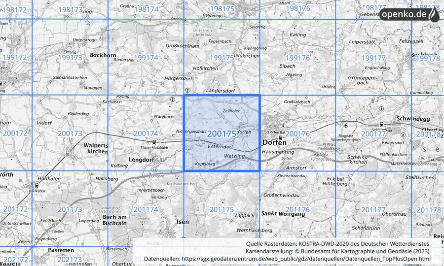 Übersichtskarte des KOSTRA-DWD-2020-Rasterfeldes Nr. 200175