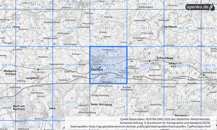 Übersichtskarte des KOSTRA-DWD-2020-Rasterfeldes Nr. 200176