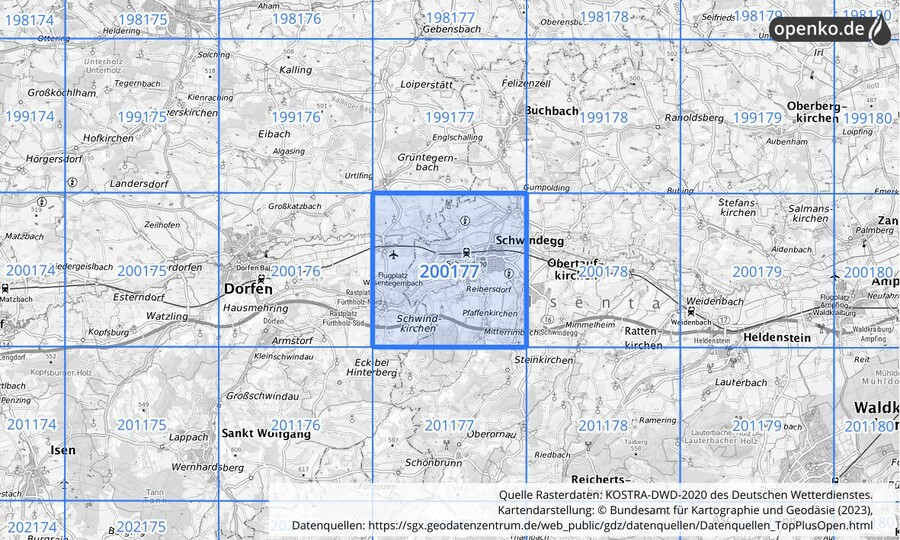 Übersichtskarte des KOSTRA-DWD-2020-Rasterfeldes Nr. 200177