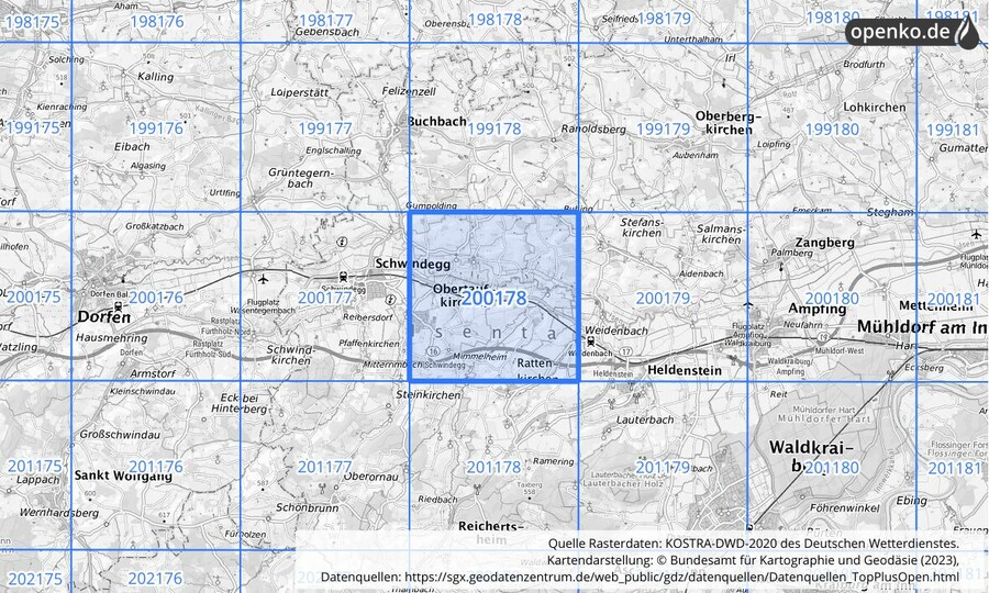 Übersichtskarte des KOSTRA-DWD-2020-Rasterfeldes Nr. 200178