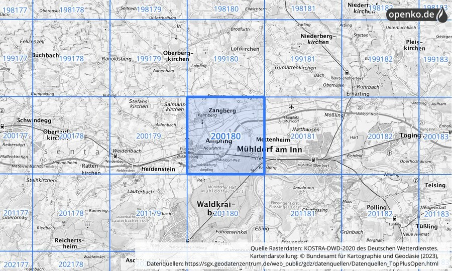 Übersichtskarte des KOSTRA-DWD-2020-Rasterfeldes Nr. 200180