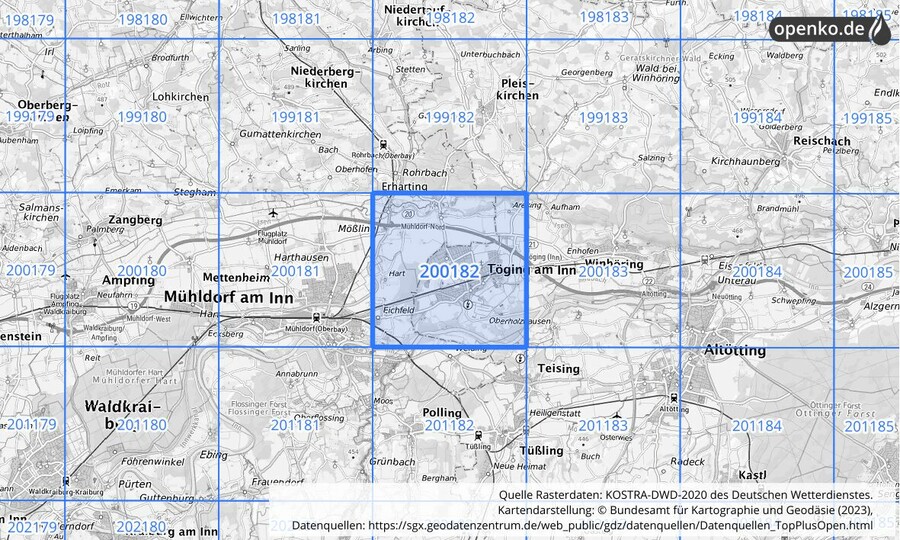 Übersichtskarte des KOSTRA-DWD-2020-Rasterfeldes Nr. 200182
