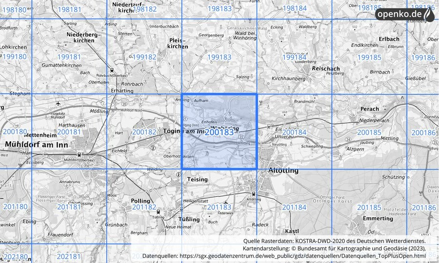 Übersichtskarte des KOSTRA-DWD-2020-Rasterfeldes Nr. 200183