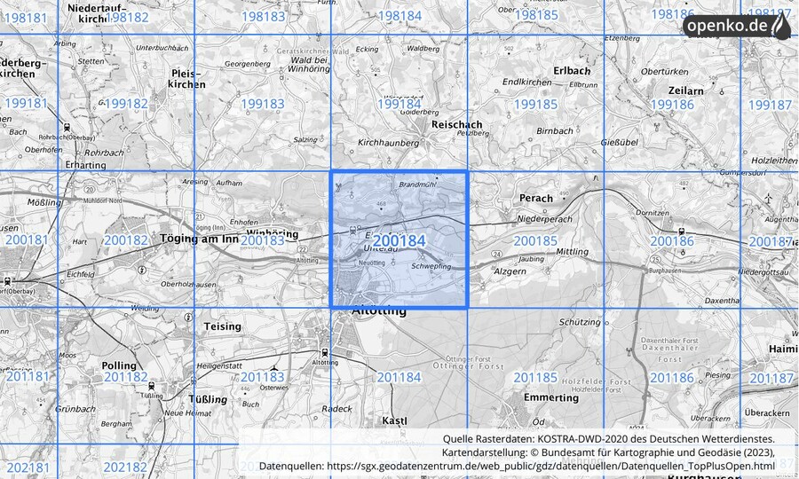 Übersichtskarte des KOSTRA-DWD-2020-Rasterfeldes Nr. 200184
