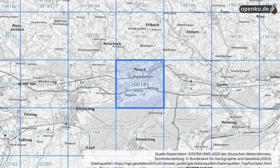 Übersichtskarte des KOSTRA-DWD-2020-Rasterfeldes Nr. 200185