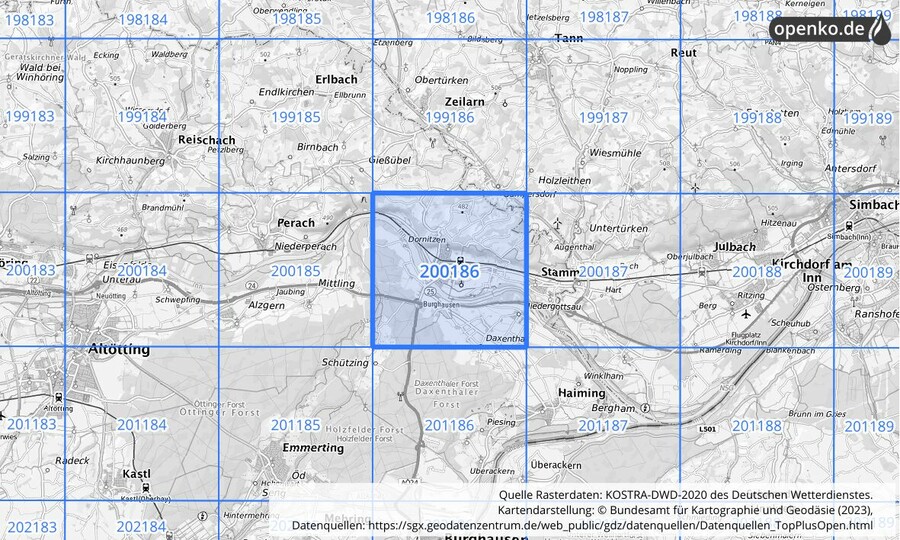 Übersichtskarte des KOSTRA-DWD-2020-Rasterfeldes Nr. 200186