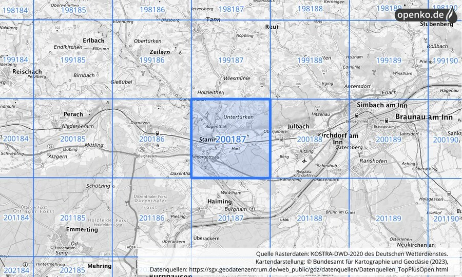 Übersichtskarte des KOSTRA-DWD-2020-Rasterfeldes Nr. 200187