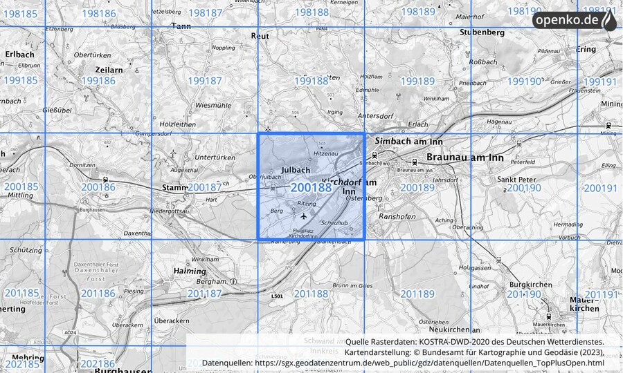 Übersichtskarte des KOSTRA-DWD-2020-Rasterfeldes Nr. 200188