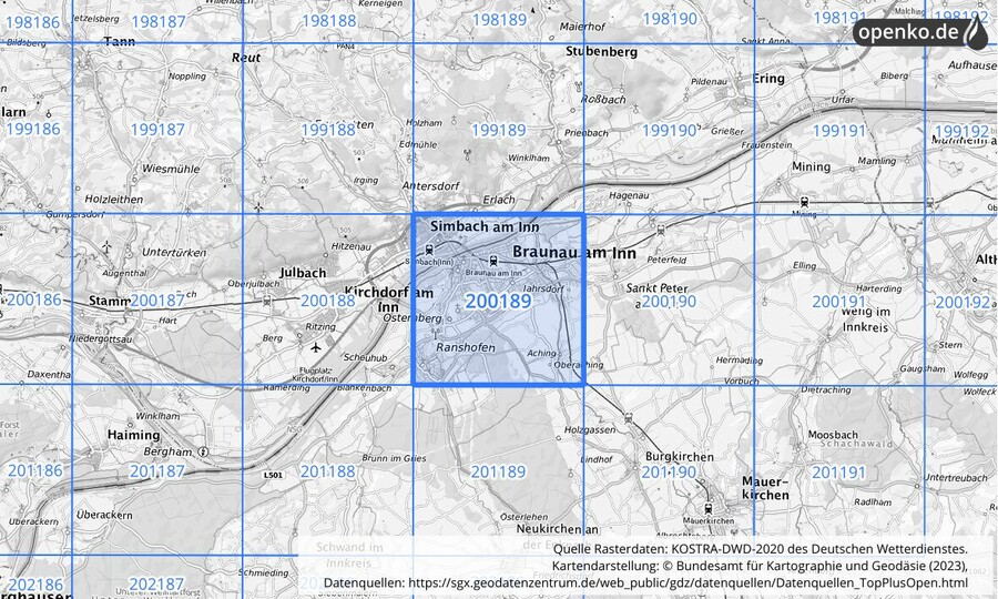 Übersichtskarte des KOSTRA-DWD-2020-Rasterfeldes Nr. 200189