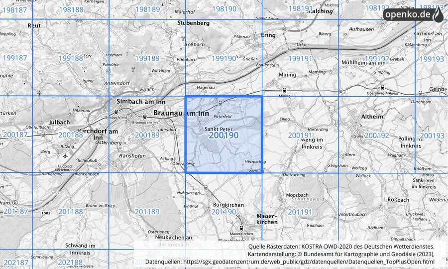 Übersichtskarte des KOSTRA-DWD-2020-Rasterfeldes Nr. 200190