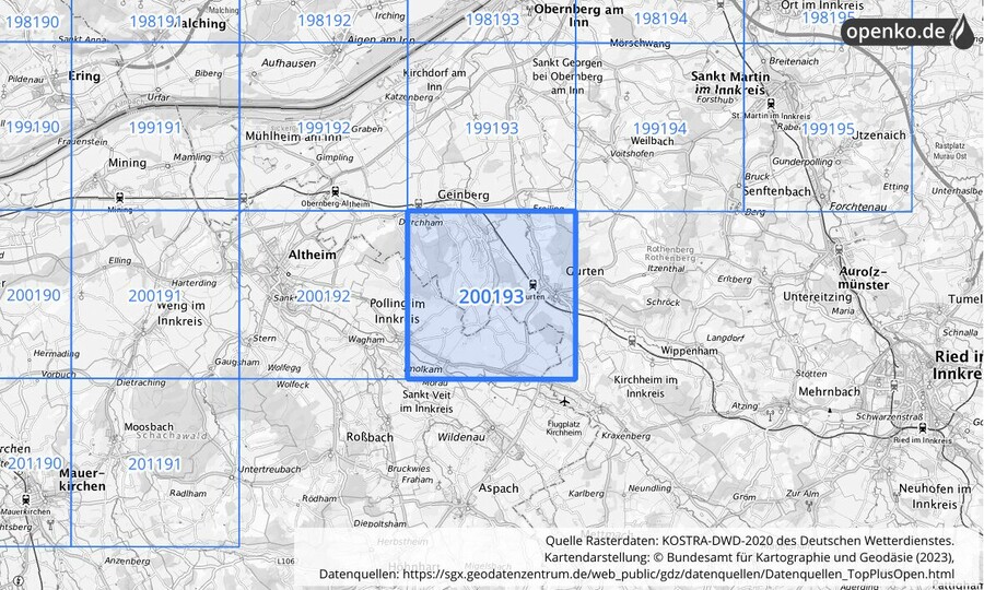 Übersichtskarte des KOSTRA-DWD-2020-Rasterfeldes Nr. 200193