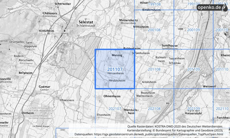 Übersichtskarte des KOSTRA-DWD-2020-Rasterfeldes Nr. 201107