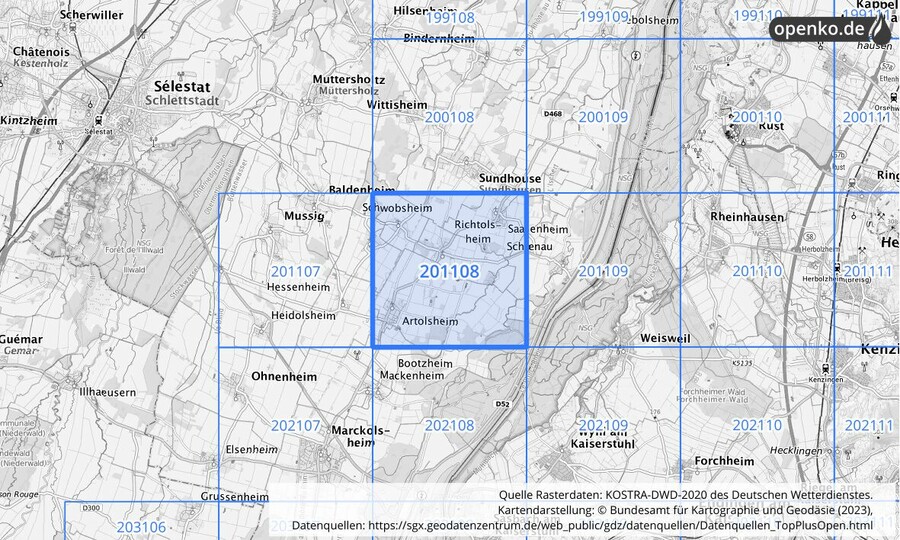 Übersichtskarte des KOSTRA-DWD-2020-Rasterfeldes Nr. 201108