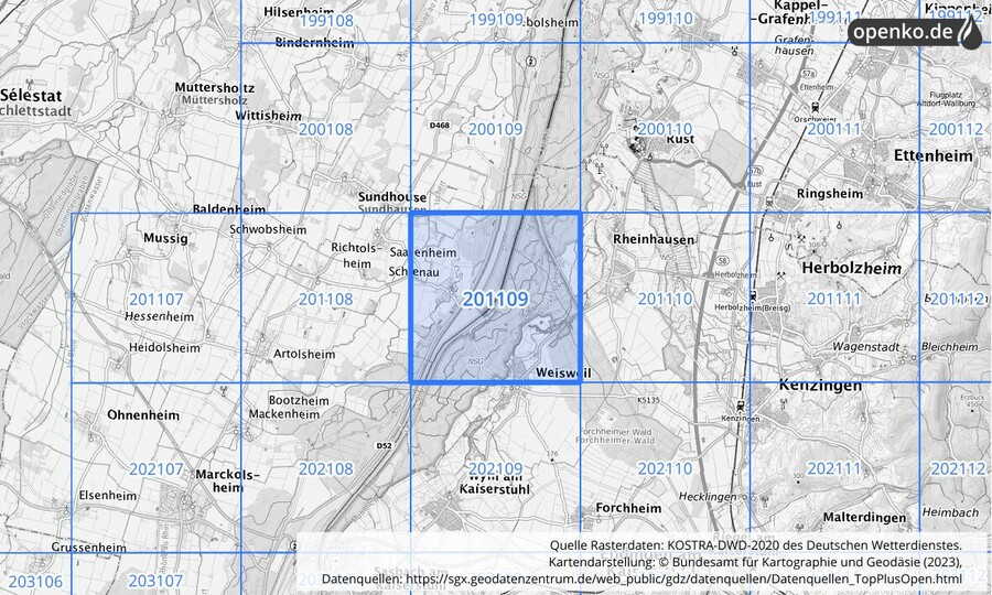 Übersichtskarte des KOSTRA-DWD-2020-Rasterfeldes Nr. 201109