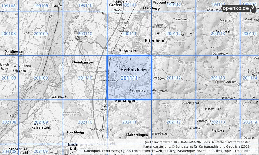 Übersichtskarte des KOSTRA-DWD-2020-Rasterfeldes Nr. 201111