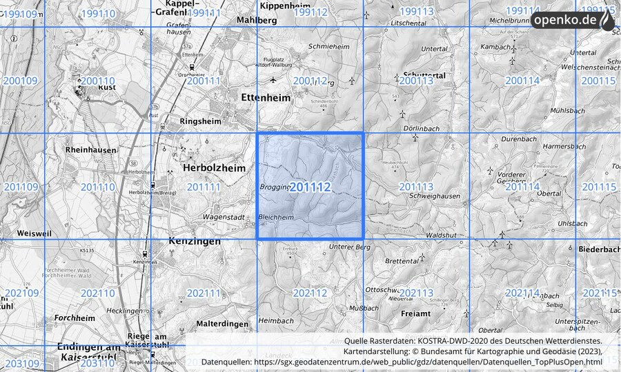 Übersichtskarte des KOSTRA-DWD-2020-Rasterfeldes Nr. 201112