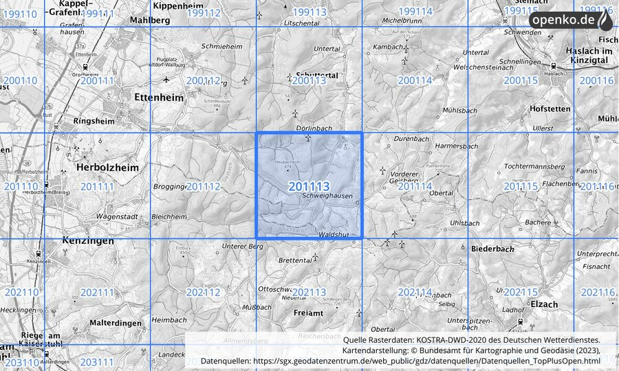 Übersichtskarte des KOSTRA-DWD-2020-Rasterfeldes Nr. 201113