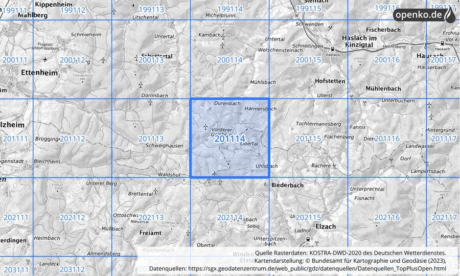 Übersichtskarte des KOSTRA-DWD-2020-Rasterfeldes Nr. 201114