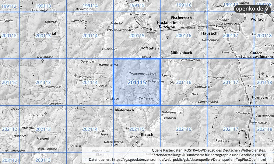 Übersichtskarte des KOSTRA-DWD-2020-Rasterfeldes Nr. 201115