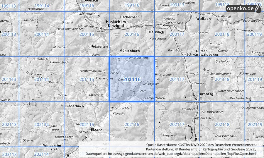 Übersichtskarte des KOSTRA-DWD-2020-Rasterfeldes Nr. 201116