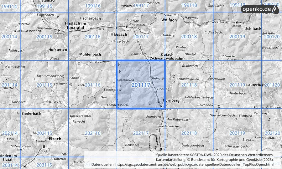 Übersichtskarte des KOSTRA-DWD-2020-Rasterfeldes Nr. 201117